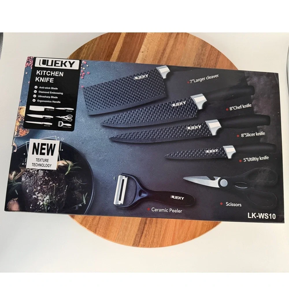 Ueky 6 PC Kitchen Knife Set Black Diamond‎ Embossed LK-WS10 Cleaver Chef Slicer